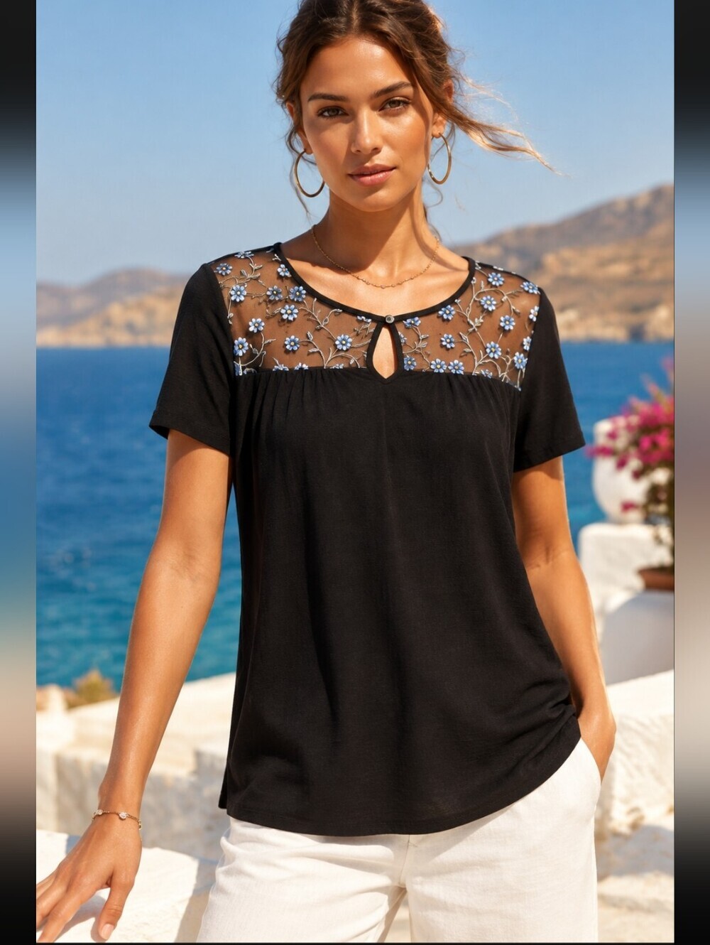 Cha Cha Vente Boho Fairy Embroidered Knit Short Sleeve Top Sz Medium